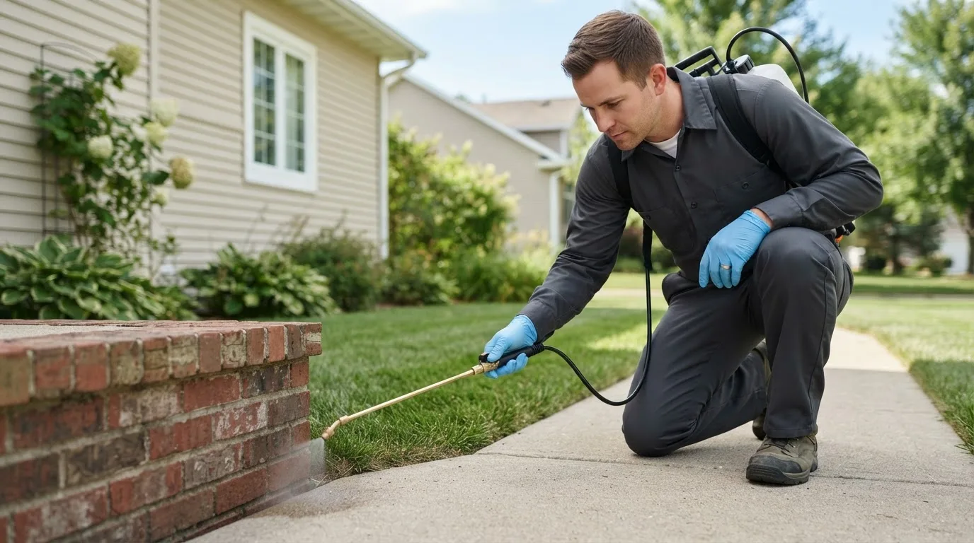 Pest control technician treating a home near Diller, NE